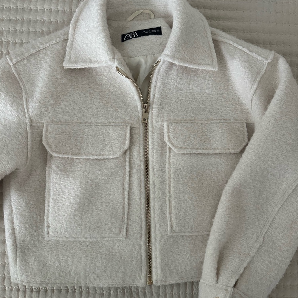 Zara Cream Bouclé Zip-Front Cropped Jacket